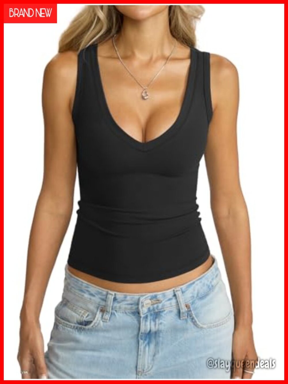 Women's Deep V Neck Slim Fitted Sleeveless Tank Top Polyester Elastane